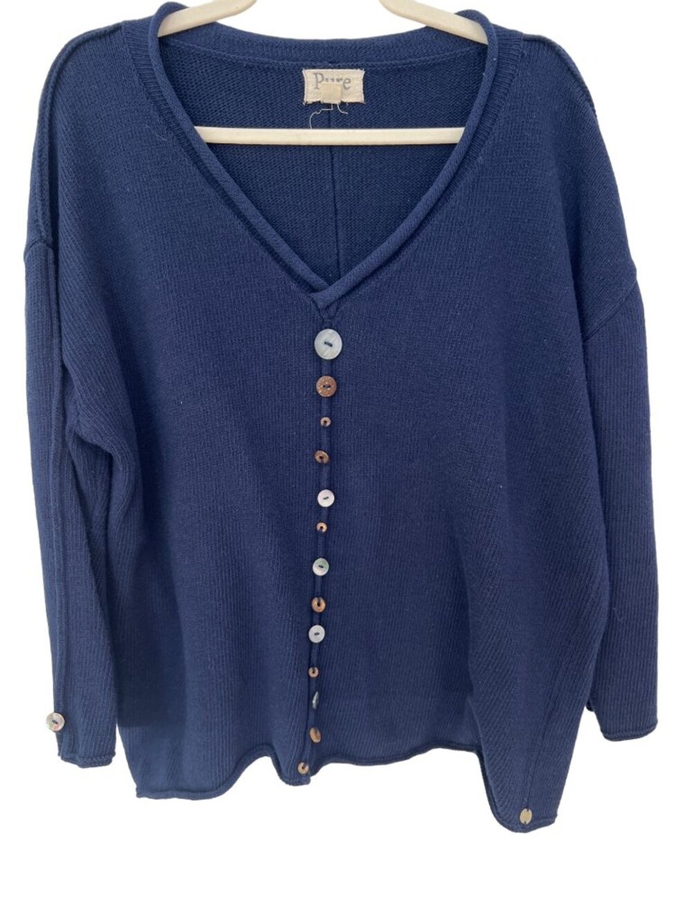 Pure HandKnit Vneck Sweater Size 1X Pullover Buttons Blue Cotton Cozy Staple